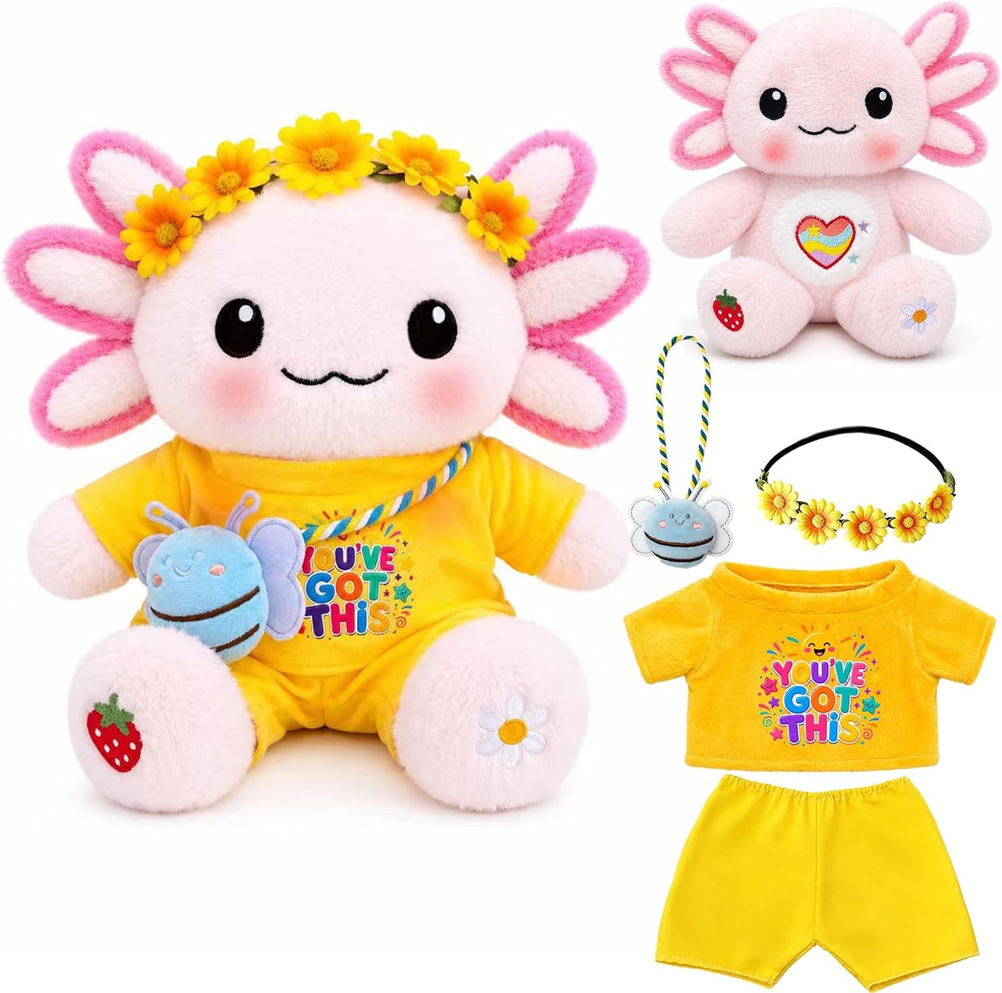 13-Inch Kawaii Axolotl Plush Set | Pink Axolotl Stuffed Animal with “You’ve Got This” Outfit, Sunflower Headband & Bee Crossbody Bag,back to school gifts