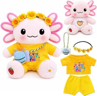 13-Inch Kawaii Axolotl Plush Set | Pink Axolotl Stuffed Animal with “You’ve Got This” Outfit, Sunflower Headband & Bee Crossbody Bag,back to school gifts