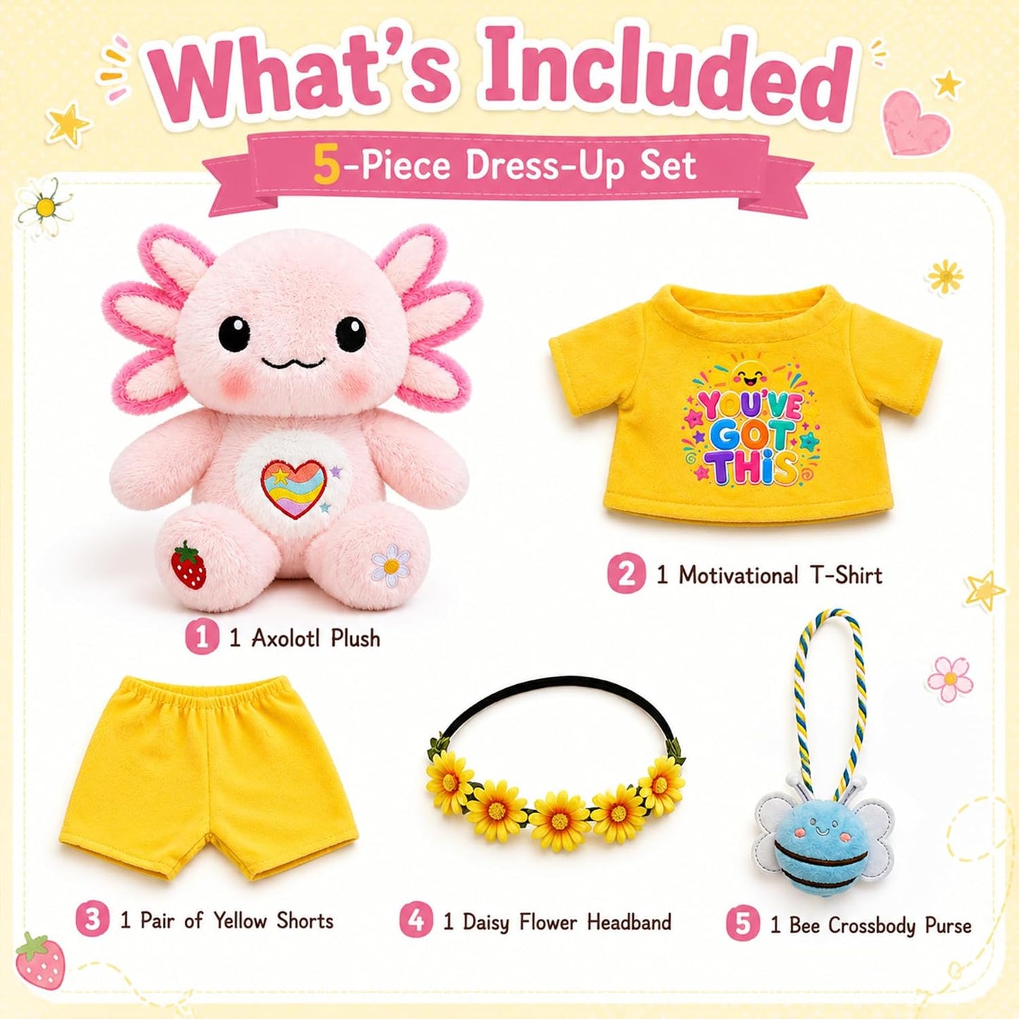 13-Inch Kawaii Axolotl Plush Set | Pink Axolotl Stuffed Animal with “You’ve Got This” Outfit, Sunflower Headband & Bee Crossbody Bag,back to school gifts