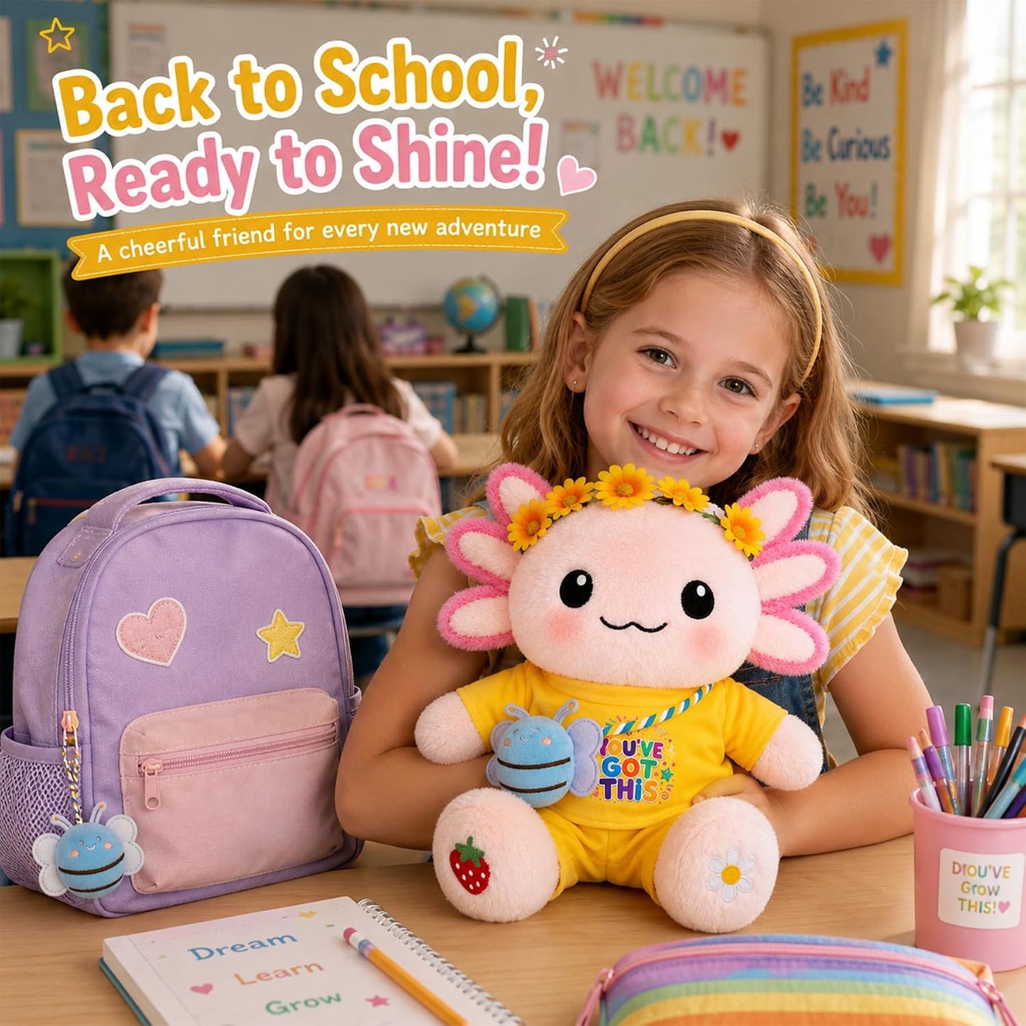 13-Inch Kawaii Axolotl Plush Set | Pink Axolotl Stuffed Animal with “You’ve Got This” Outfit, Sunflower Headband & Bee Crossbody Bag,back to school gifts