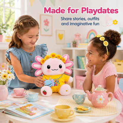 13-Inch Kawaii Axolotl Plush Set | Pink Axolotl Stuffed Animal with “You’ve Got This” Outfit, Sunflower Headband & Bee Crossbody Bag,back to school gifts