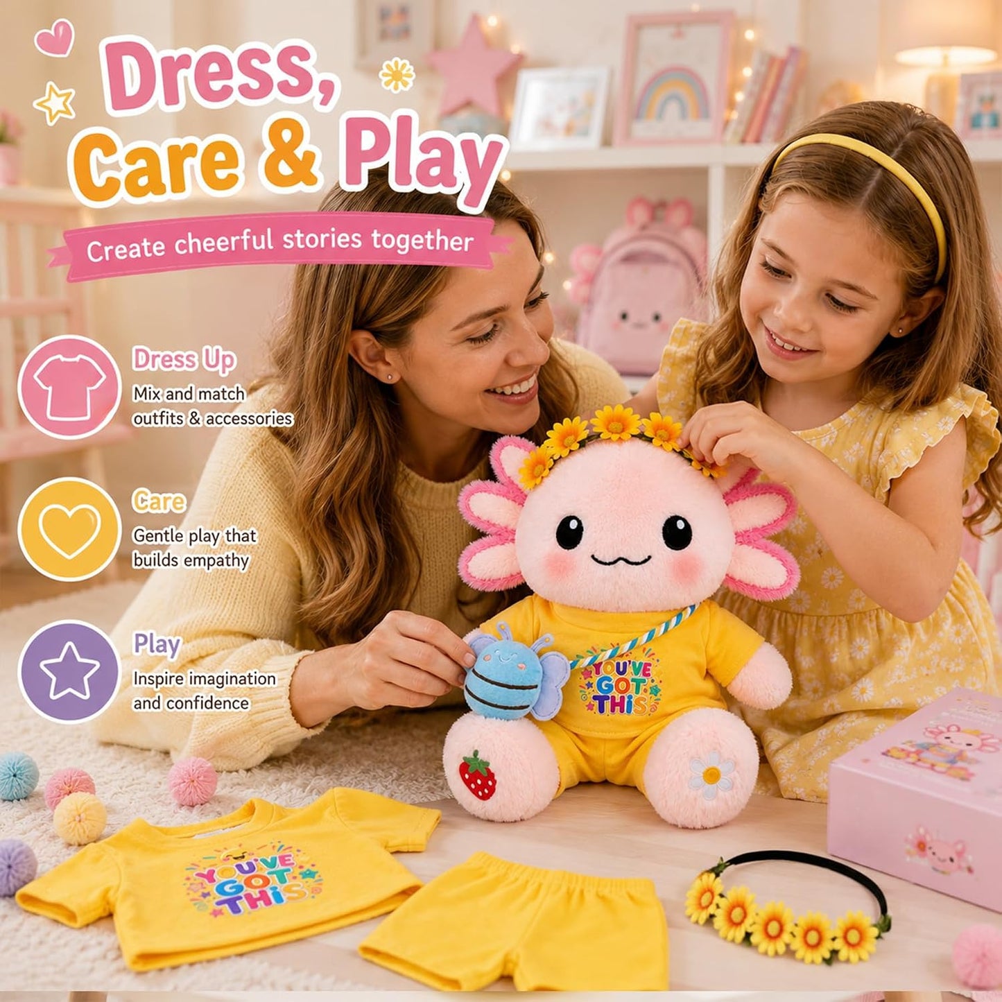 13-Inch Kawaii Axolotl Plush Set | Pink Axolotl Stuffed Animal with “You’ve Got This” Outfit, Sunflower Headband & Bee Crossbody Bag,back to school gifts
