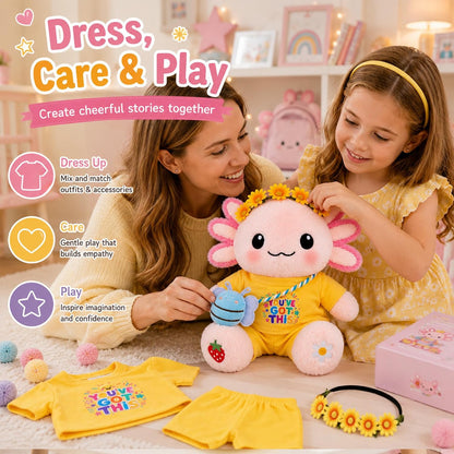13-Inch Kawaii Axolotl Plush Set | Pink Axolotl Stuffed Animal with “You’ve Got This” Outfit, Sunflower Headband & Bee Crossbody Bag,back to school gifts