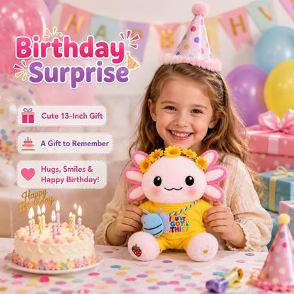 13-Inch Kawaii Axolotl Plush Set | Pink Axolotl Stuffed Animal with “You’ve Got This” Outfit, Sunflower Headband & Bee Crossbody Bag,back to school gifts