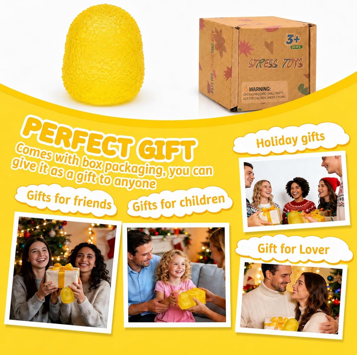 2.16in Squishy Ice Cube Squeeze Toy, Soft Slow Rebound Sensory Toy for Stress and Anxiety Relief, Portable Hand Squeeze Desk Toy, Gift for Boys Girls Kids and Adults Age 3+ (Small Yellow)