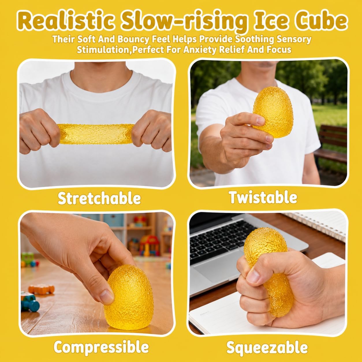 2.16in Squishy Ice Cube Squeeze Toy, Soft Slow Rebound Sensory Toy for Stress and Anxiety Relief, Portable Hand Squeeze Desk Toy, Gift for Boys Girls Kids and Adults Age 3+ (Small Yellow)