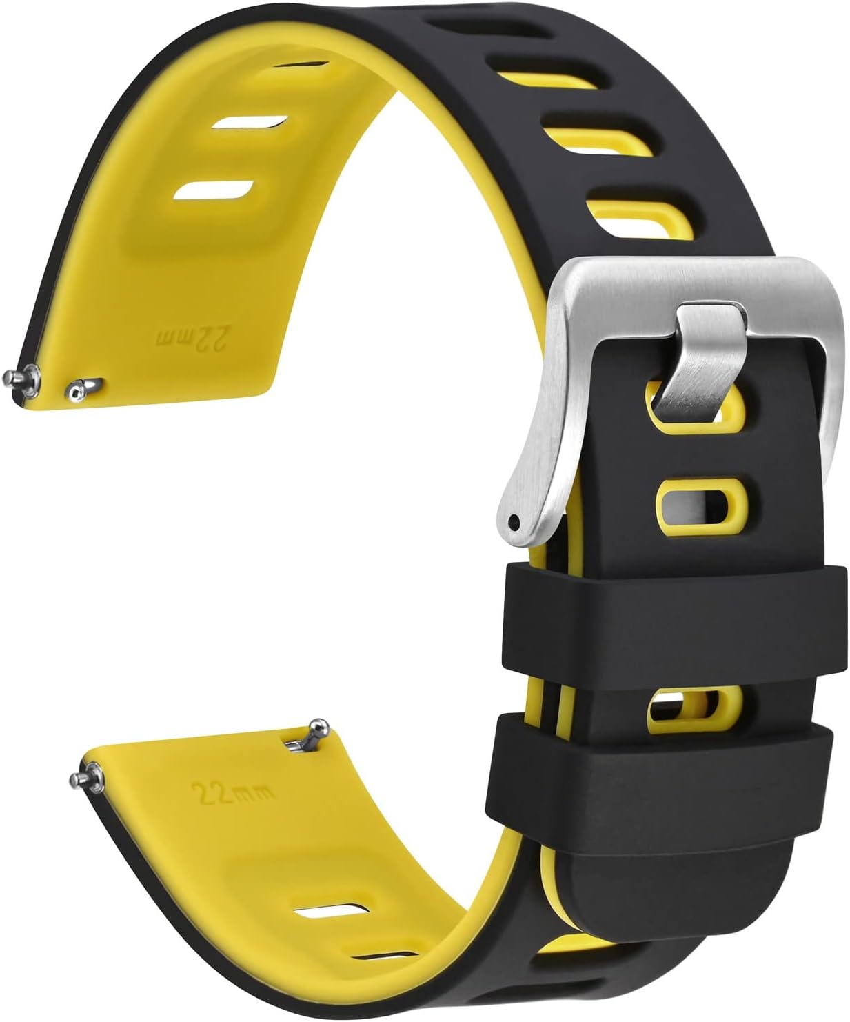 WOCCI 22mm Bicolor Watch Band, Silicone Rubber, Quick Release Replacement Strap for Men and Women, Silver Stainless Steel Buckle (Black-Yellow)