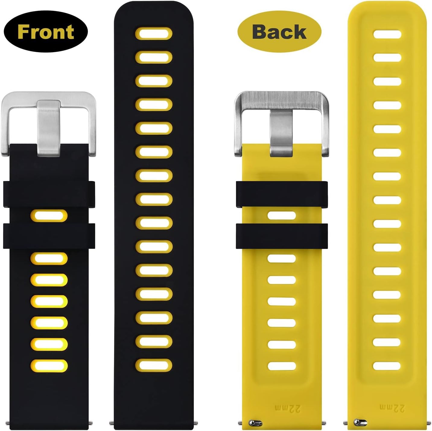 WOCCI 22mm Bicolor Watch Band, Silicone Rubber, Quick Release Replacement Strap for Men and Women, Silver Stainless Steel Buckle (Black-Yellow)