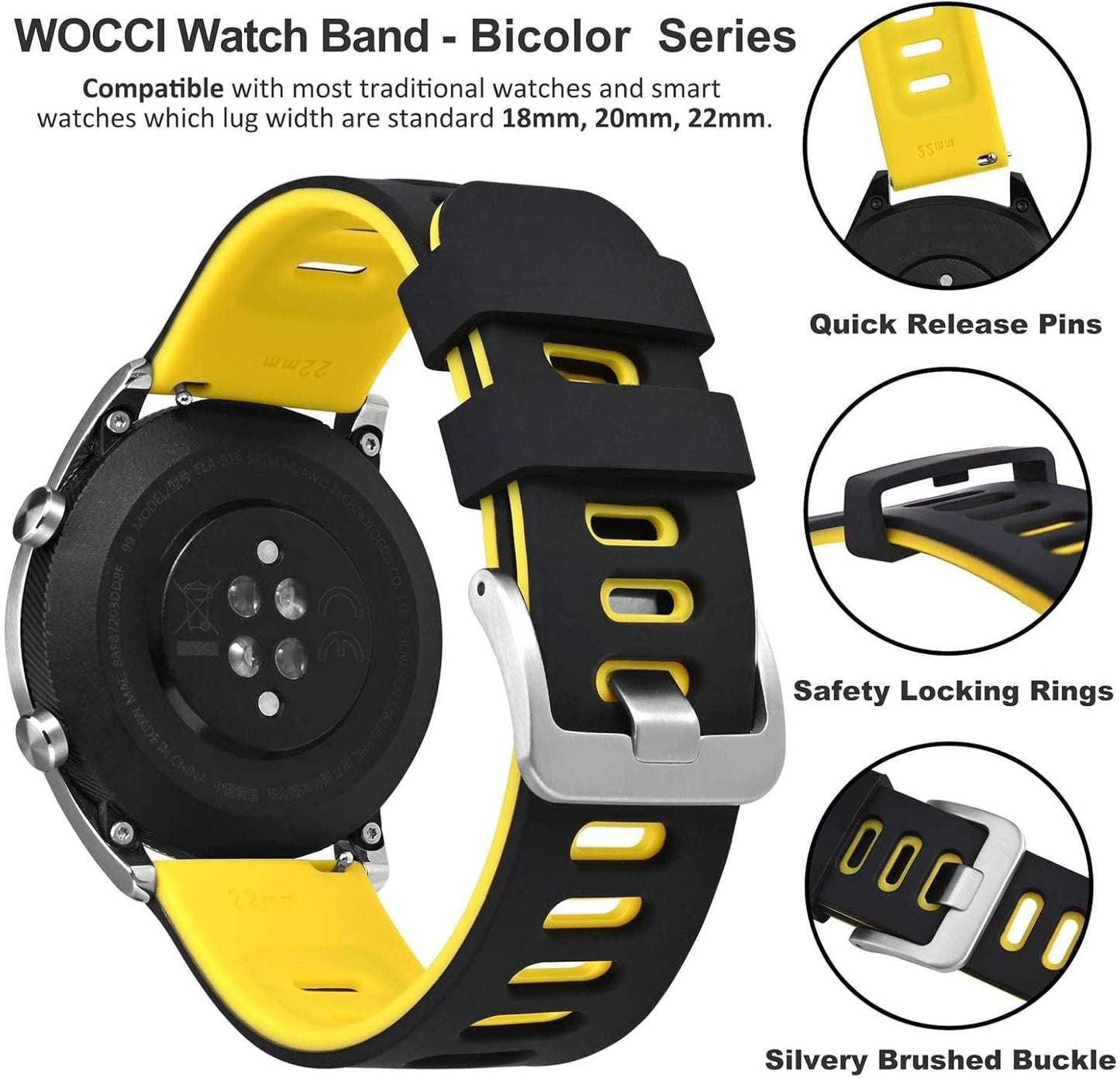 WOCCI 22mm Bicolor Watch Band, Silicone Rubber, Quick Release Replacement Strap for Men and Women, Silver Stainless Steel Buckle (Black-Yellow)