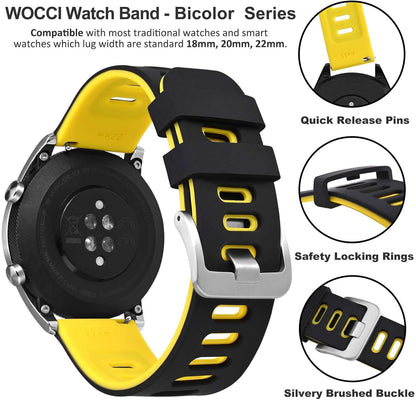 WOCCI 22mm Bicolor Watch Band, Silicone Rubber, Quick Release Replacement Strap for Men and Women, Silver Stainless Steel Buckle (Black-Yellow)
