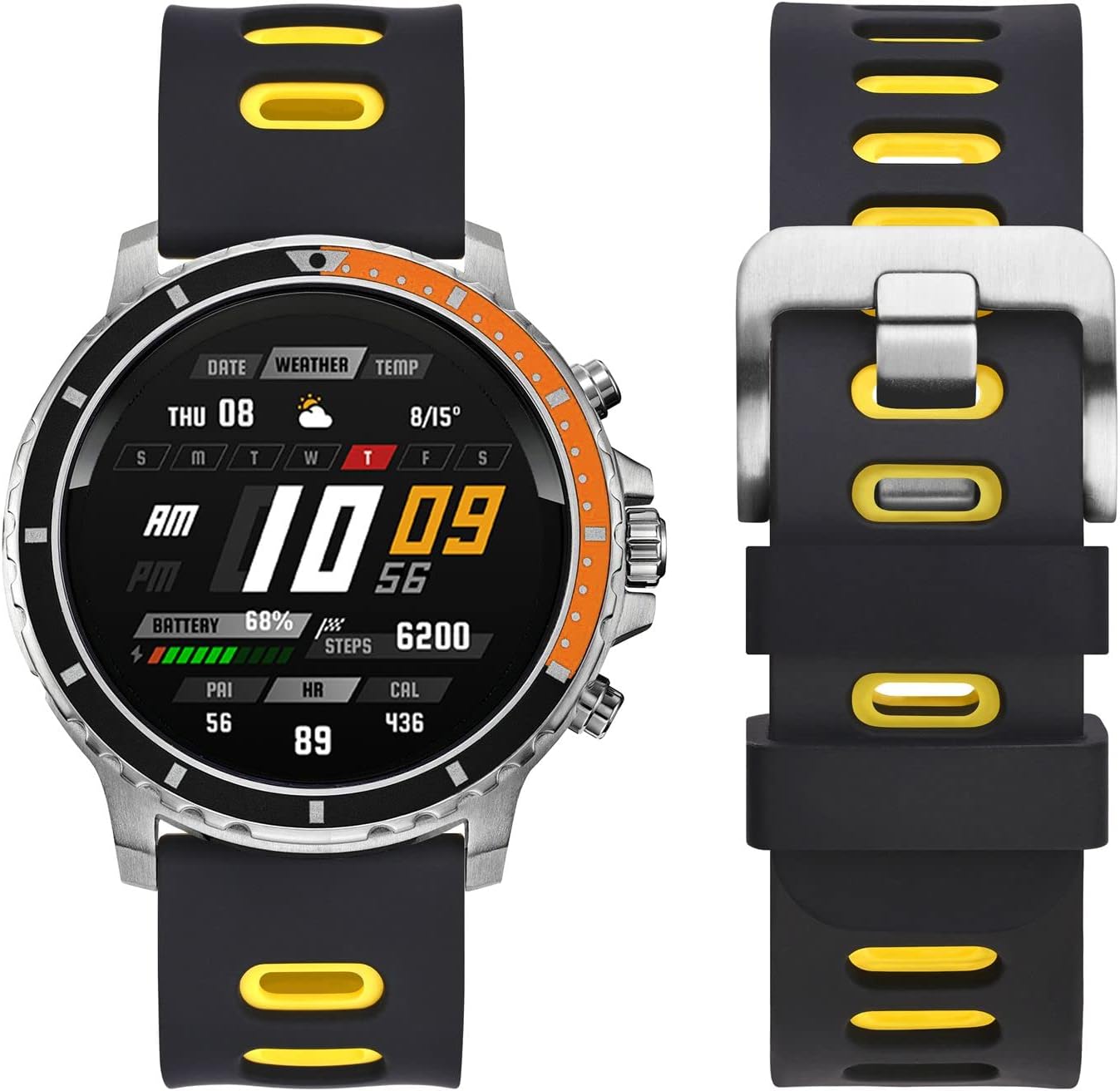 WOCCI 22mm Bicolor Watch Band, Silicone Rubber, Quick Release Replacement Strap for Men and Women, Silver Stainless Steel Buckle (Black-Yellow)