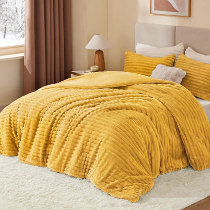 Fleece California King Comforter Set -Super Soft & Warm Fluffy Mustard Yellow Bedding, Luxury Fuzzy Heavy Bed Set for All Season with 2 Pillow Cases