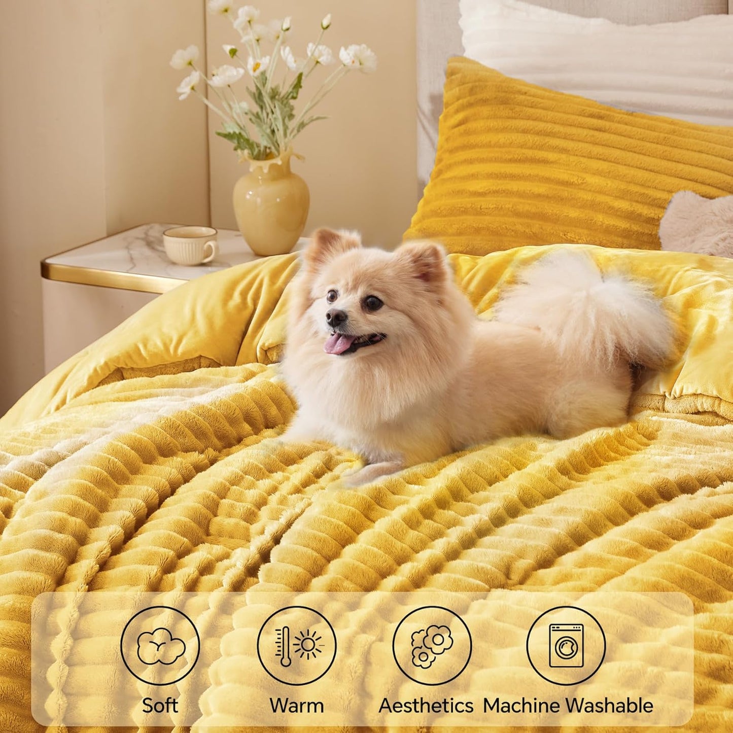 Fleece California King Comforter Set -Super Soft & Warm Fluffy Mustard Yellow Bedding, Luxury Fuzzy Heavy Bed Set for All Season with 2 Pillow Cases