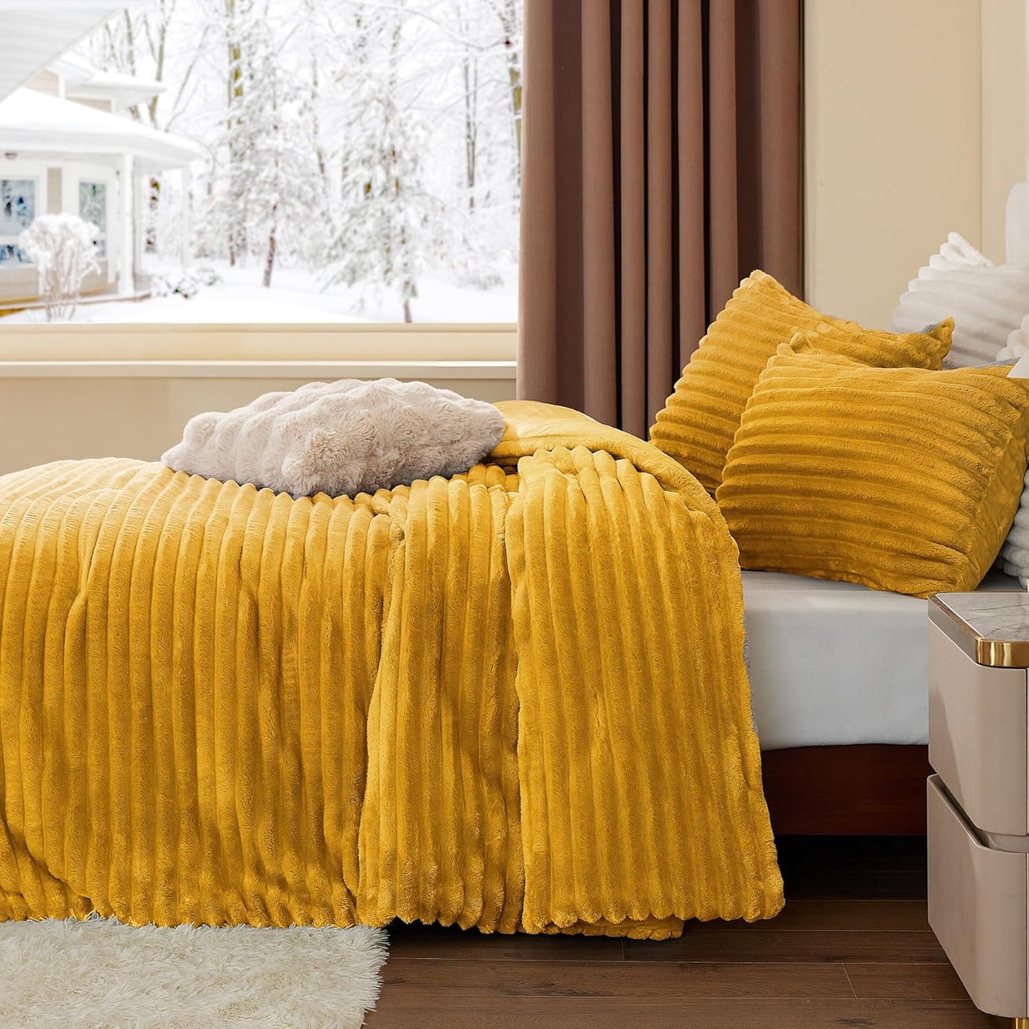 Fleece California King Comforter Set -Super Soft & Warm Fluffy Mustard Yellow Bedding, Luxury Fuzzy Heavy Bed Set for All Season with 2 Pillow Cases