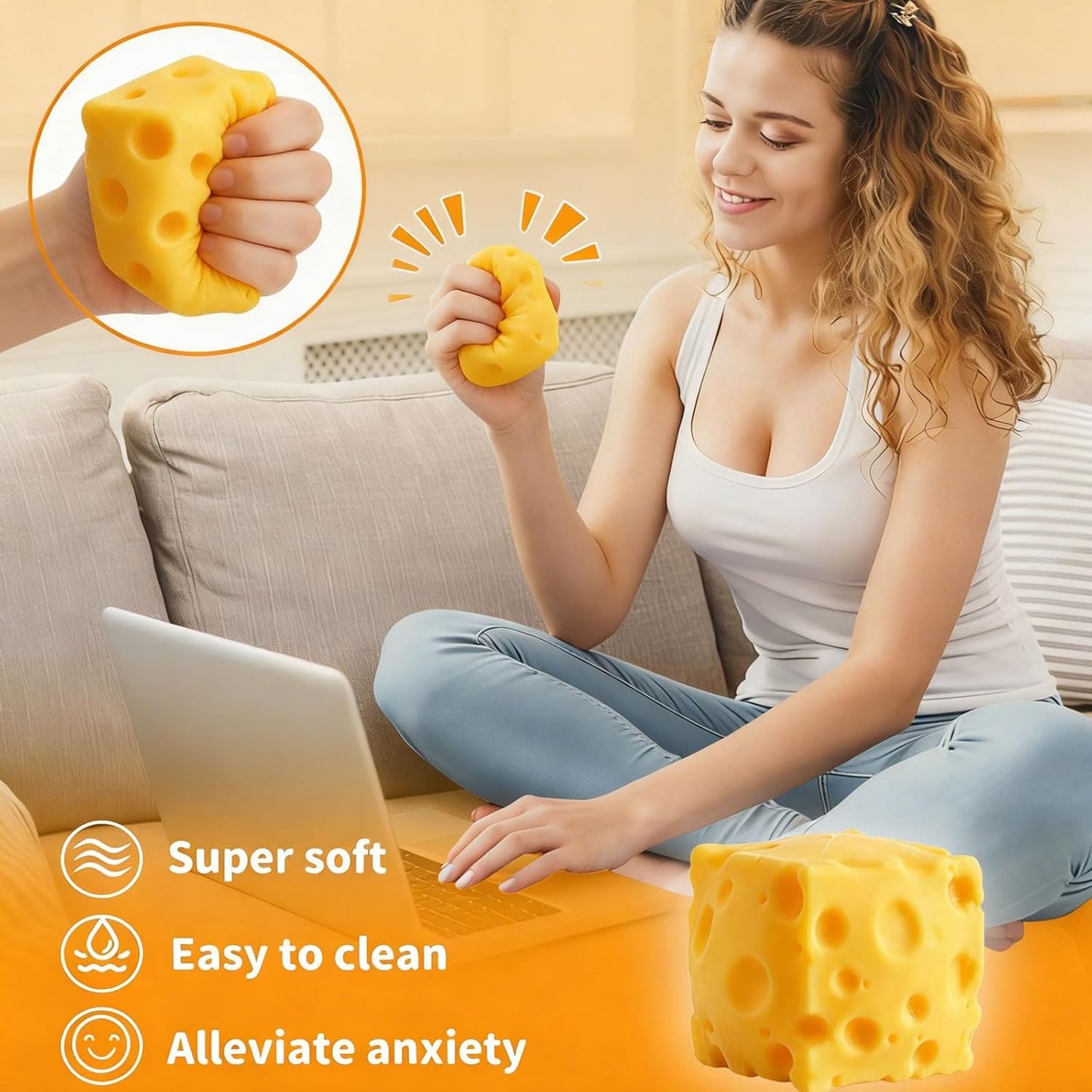 2 Packs Cheese Squishy Slow Rising, Squishy Squeeze Yellow Cheese Block, Soft Novelty Toy, Stress Balls for Adults Rebounding Sensory Squishys Cheese (Yellow)
