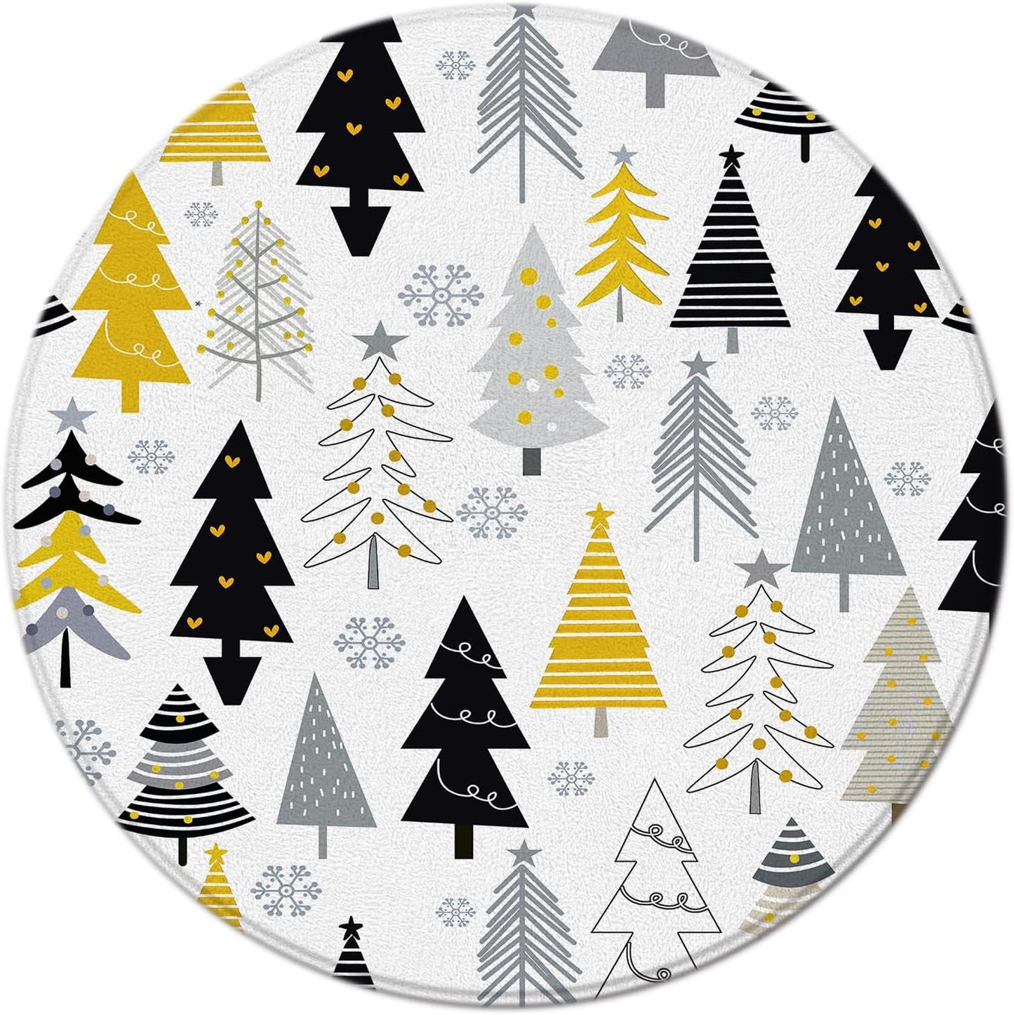 Christmas Tree Round Area Rug 2ft,Yellow Black Gray Xmas Tree Snowflake Forest Winter Circle Floor Mat for Bedroom Front Porch Entryway Sofa Living Room Bathroom