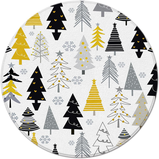 Christmas Tree Round Area Rug 2ft,Yellow Black Gray Xmas Tree Snowflake Forest Winter Circle Floor Mat for Bedroom Front Porch Entryway Sofa Living Room Bathroom