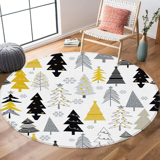 Christmas Tree Round Area Rug 2ft,Yellow Black Gray Xmas Tree Snowflake Forest Winter Circle Floor Mat for Bedroom Front Porch Entryway Sofa Living Room Bathroom