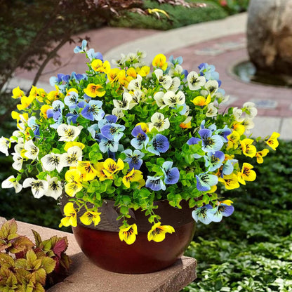Pansies Artificial Flowers for Outdoors 12 Bundles Fake Silk Pansy Faux Plastic Plants UV Resistant for Home Outside Garden Planter Front Door Porch Yard Patio Decor (Blueyellowwhite)