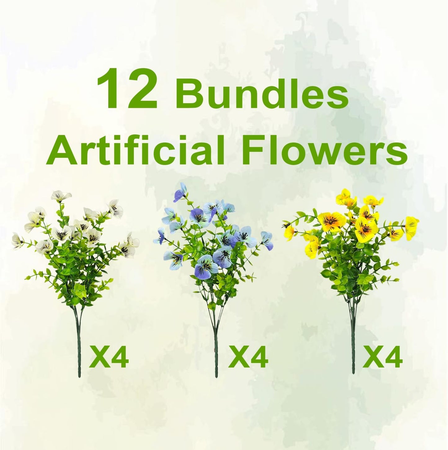 Pansies Artificial Flowers for Outdoors 12 Bundles Fake Silk Pansy Faux Plastic Plants UV Resistant for Home Outside Garden Planter Front Door Porch Yard Patio Decor (Blueyellowwhite)