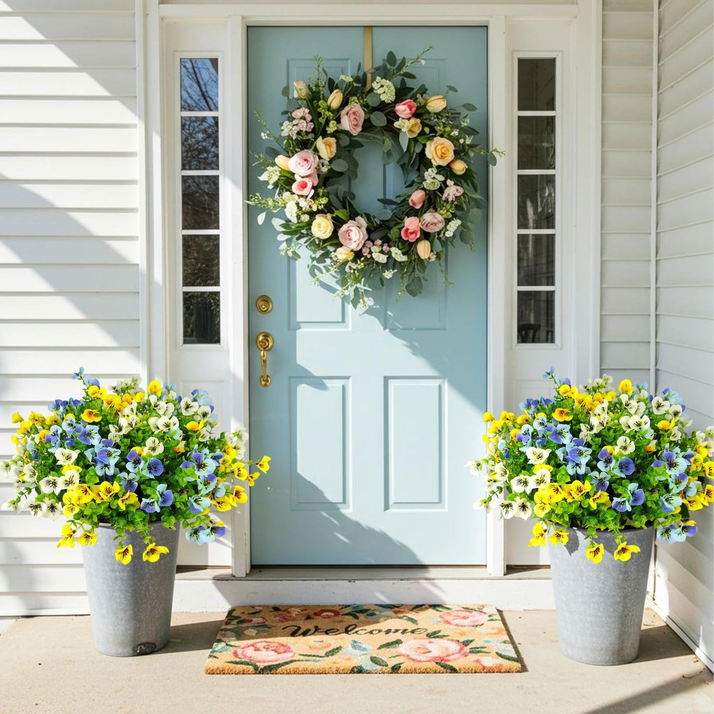 Pansies Artificial Flowers for Outdoors 12 Bundles Fake Silk Pansy Faux Plastic Plants UV Resistant for Home Outside Garden Planter Front Door Porch Yard Patio Decor (Blueyellowwhite)