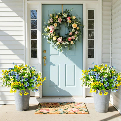 Pansies Artificial Flowers for Outdoors 12 Bundles Fake Silk Pansy Faux Plastic Plants UV Resistant for Home Outside Garden Planter Front Door Porch Yard Patio Decor (Blueyellowwhite)