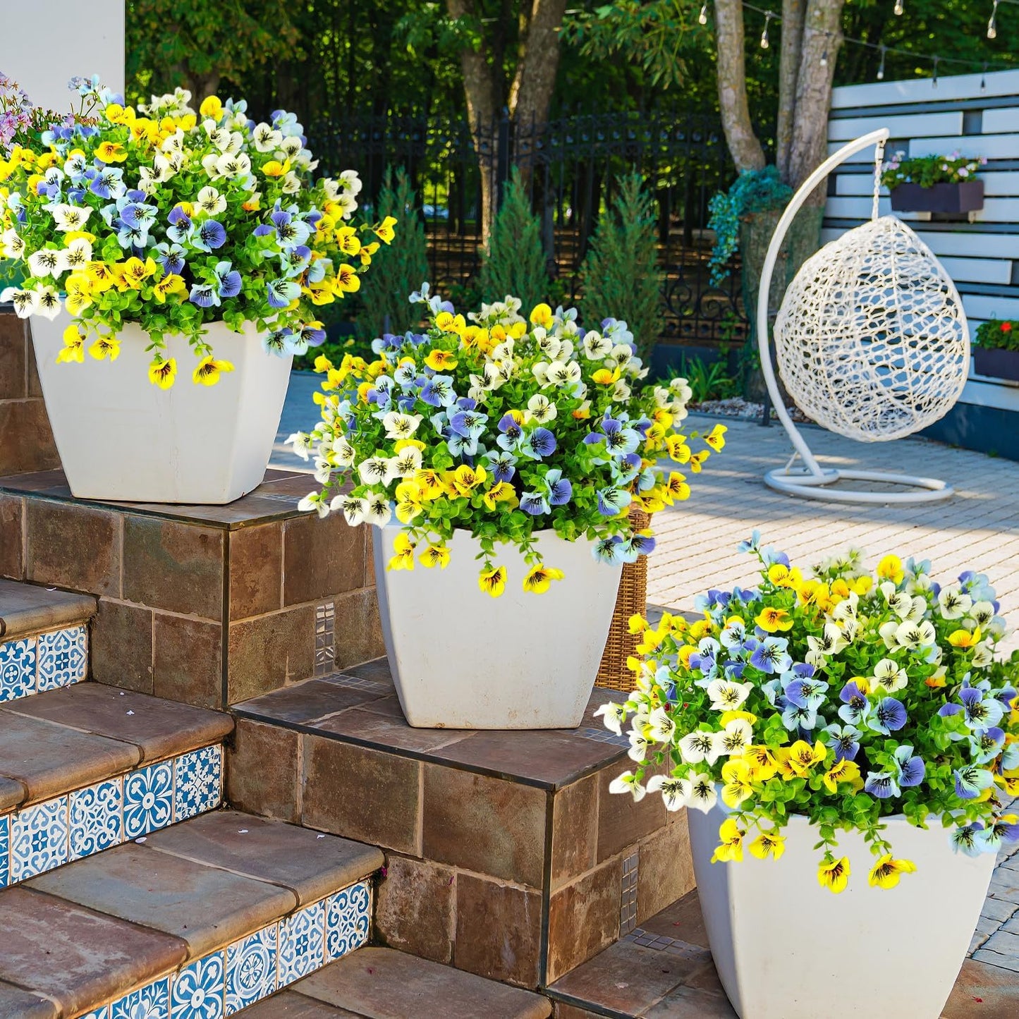 Pansies Artificial Flowers for Outdoors 12 Bundles Fake Silk Pansy Faux Plastic Plants UV Resistant for Home Outside Garden Planter Front Door Porch Yard Patio Decor (Blueyellowwhite)