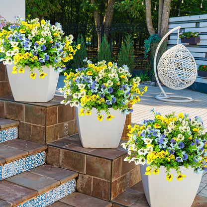 Pansies Artificial Flowers for Outdoors 12 Bundles Fake Silk Pansy Faux Plastic Plants UV Resistant for Home Outside Garden Planter Front Door Porch Yard Patio Decor (Blueyellowwhite)