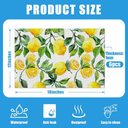 Vintage Lemon Placemats Set of 6, Washable Linen Place Mat Heat Resistant Non Slip Kitchen Dining Table Mats 12x18 Inch