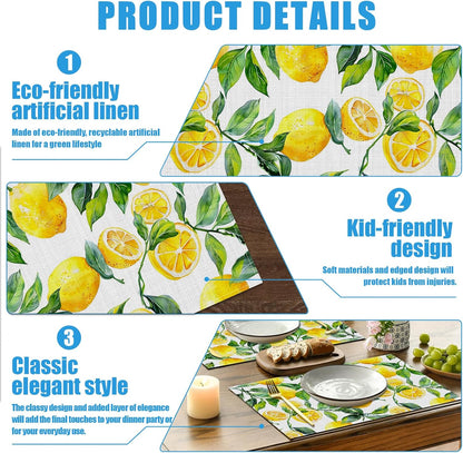 Vintage Lemon Placemats Set of 6, Washable Linen Place Mat Heat Resistant Non Slip Kitchen Dining Table Mats 12x18 Inch