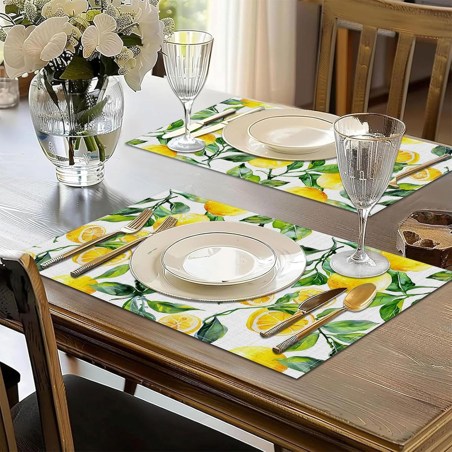Vintage Lemon Placemats Set of 6, Washable Linen Place Mat Heat Resistant Non Slip Kitchen Dining Table Mats 12x18 Inch