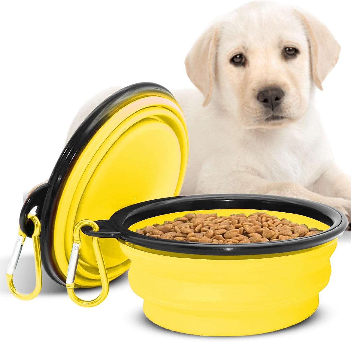 Collapsible Dog Water Bowls, Foldable Pet Feeding Dish, Yellow | Portable, Travel, Food Bowl, Dogs and Cats, Walking Hiking Camping, Carabiner, BPA Free