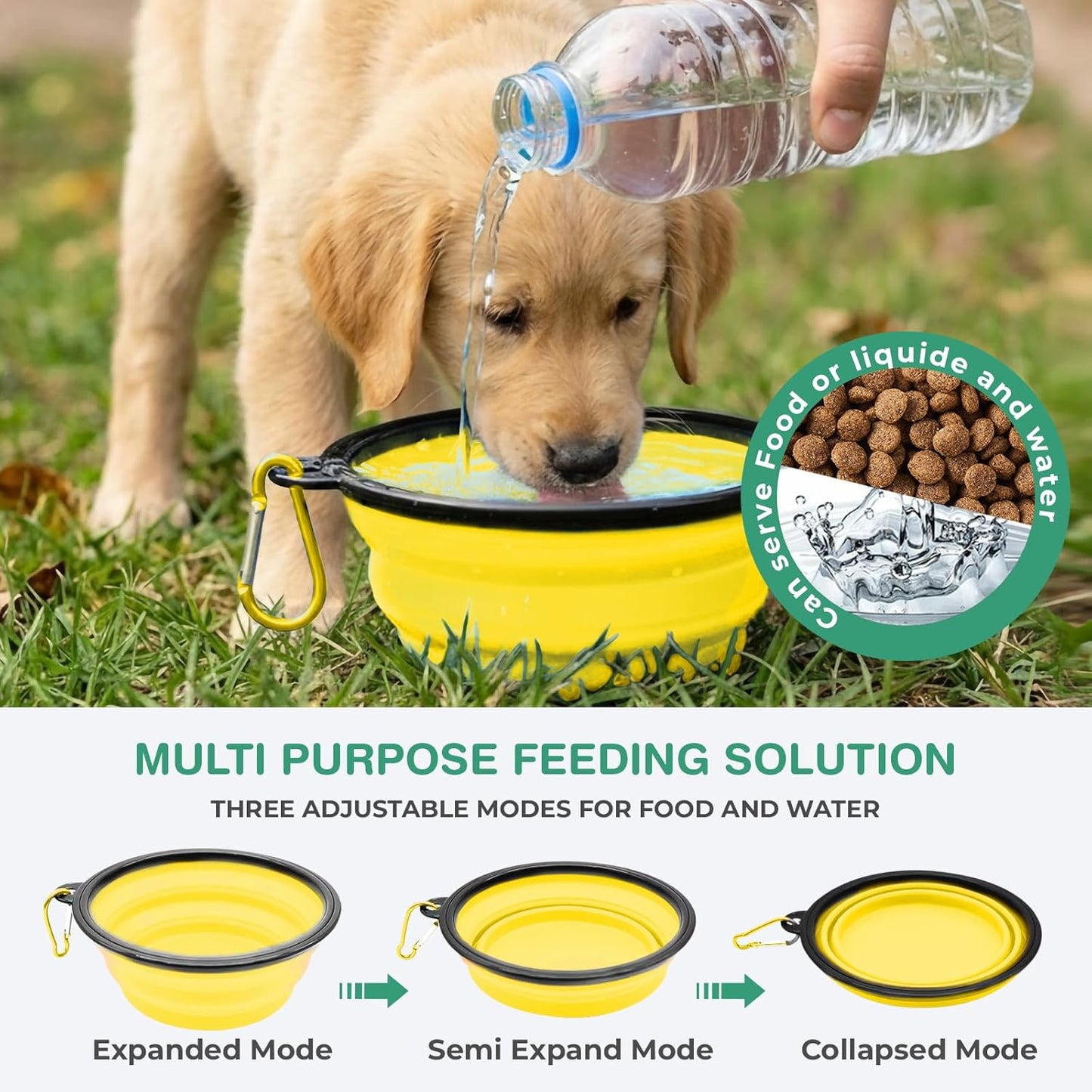 Collapsible Dog Water Bowls, Foldable Pet Feeding Dish, Yellow | Portable, Travel, Food Bowl, Dogs and Cats, Walking Hiking Camping, Carabiner, BPA Free