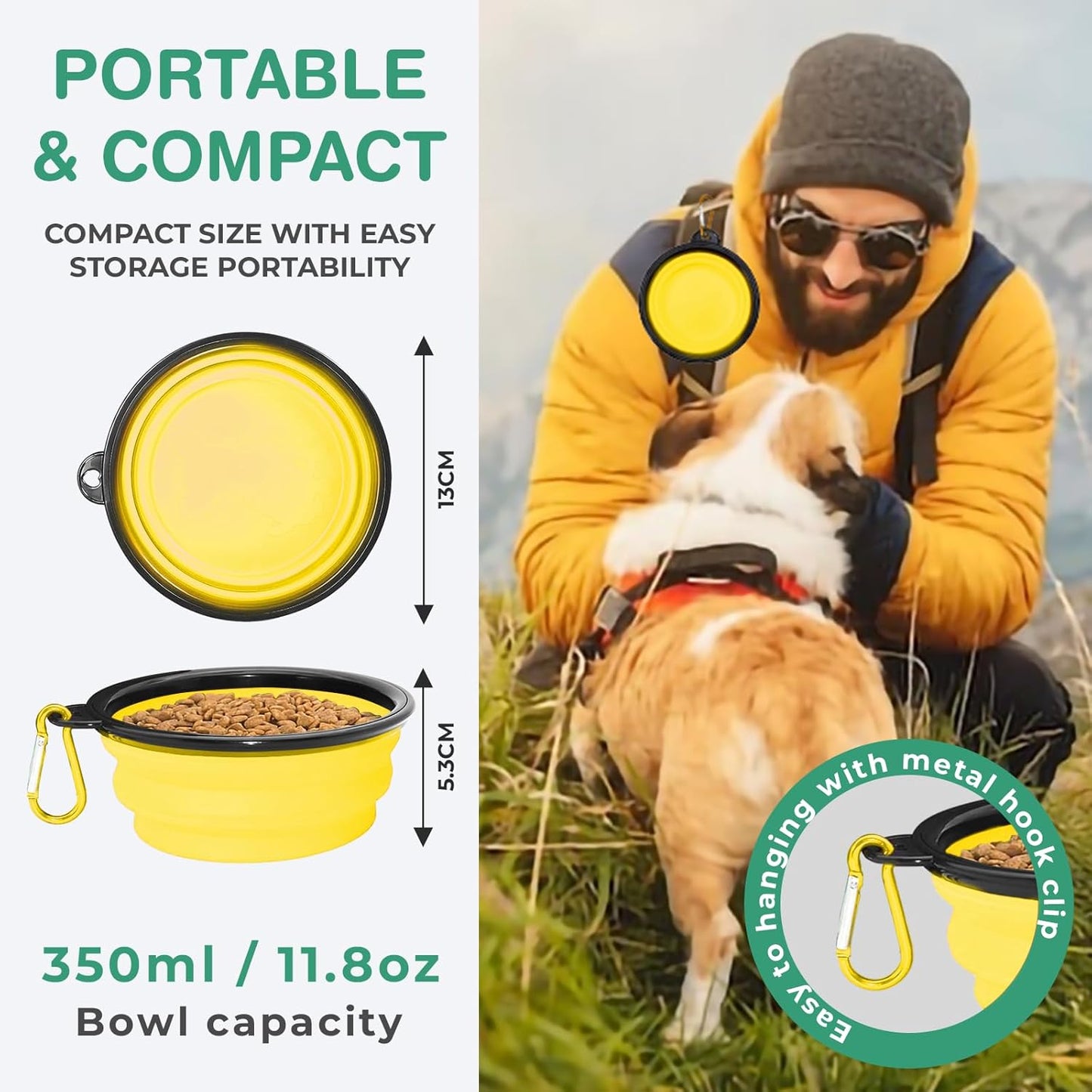 Collapsible Dog Water Bowls, Foldable Pet Feeding Dish, Yellow | Portable, Travel, Food Bowl, Dogs and Cats, Walking Hiking Camping, Carabiner, BPA Free