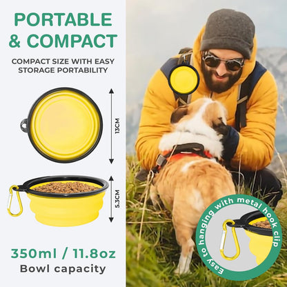 Collapsible Dog Water Bowls, Foldable Pet Feeding Dish, Yellow | Portable, Travel, Food Bowl, Dogs and Cats, Walking Hiking Camping, Carabiner, BPA Free