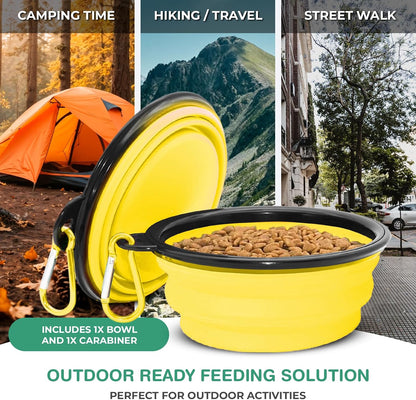 Collapsible Dog Water Bowls, Foldable Pet Feeding Dish, Yellow | Portable, Travel, Food Bowl, Dogs and Cats, Walking Hiking Camping, Carabiner, BPA Free
