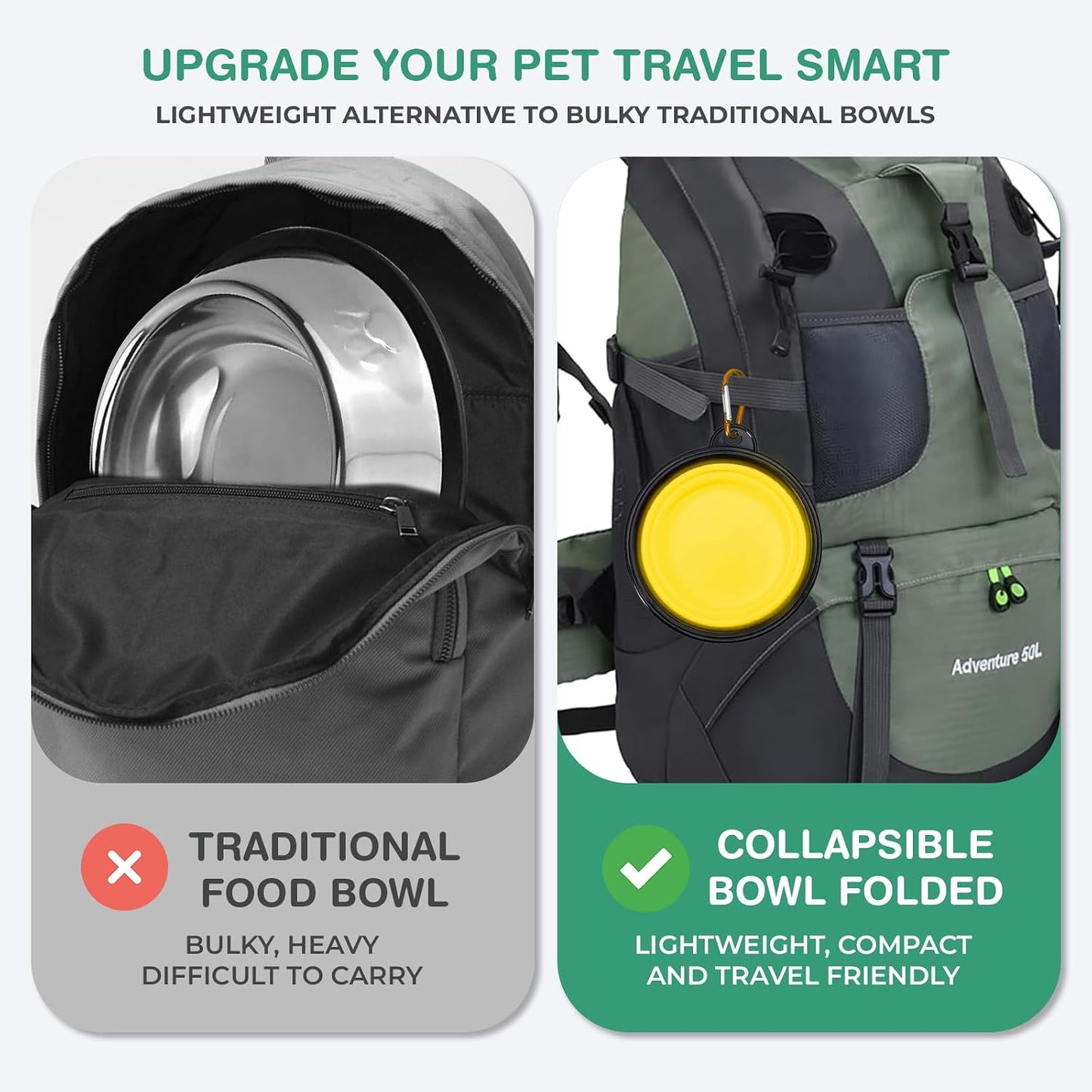 Collapsible Dog Water Bowls, Foldable Pet Feeding Dish, Yellow | Portable, Travel, Food Bowl, Dogs and Cats, Walking Hiking Camping, Carabiner, BPA Free