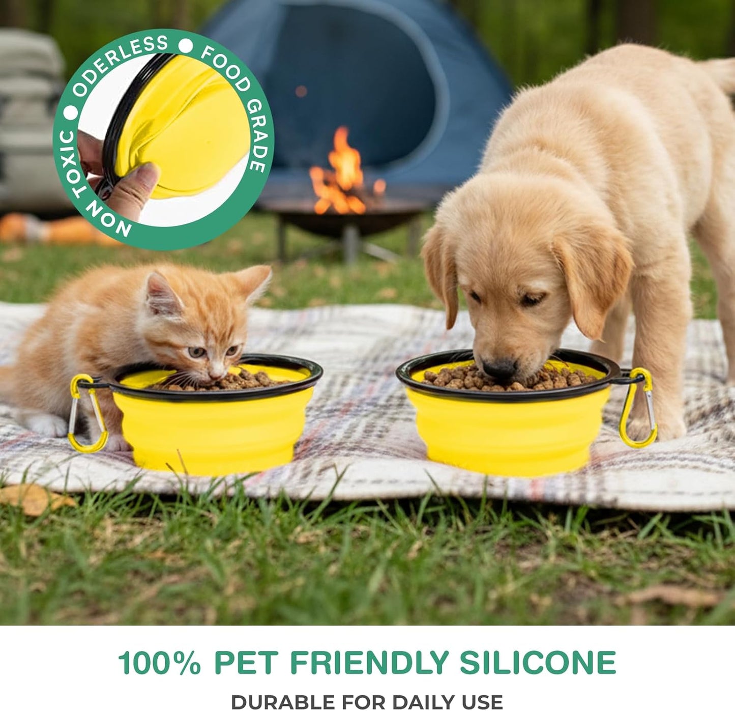 Collapsible Dog Water Bowls, Foldable Pet Feeding Dish, Yellow | Portable, Travel, Food Bowl, Dogs and Cats, Walking Hiking Camping, Carabiner, BPA Free