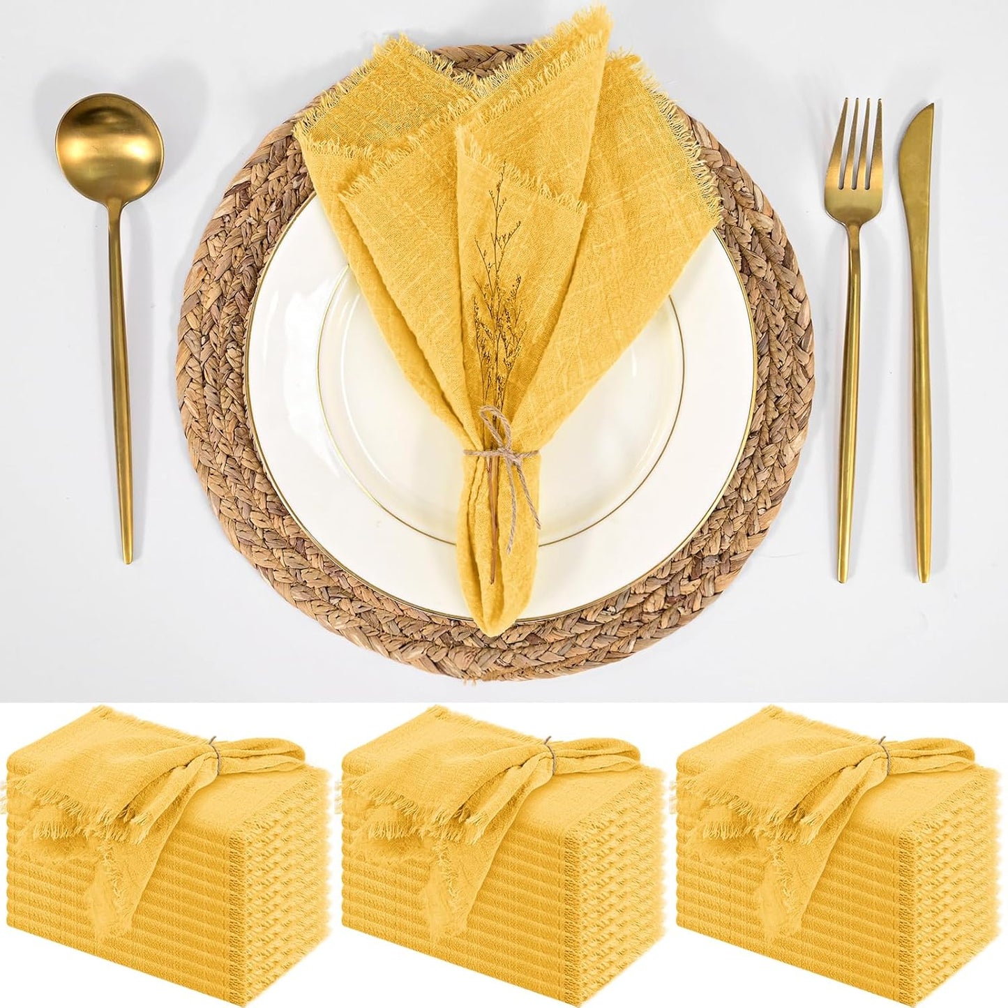 36 Pack Yellow Handmade Cloth Napkins 12 x 12 Inch Cotton Linen Napkins with Fringe, Washable and Reusable Napkins, Soft Rustic Boho Fringe Cloth Napkins for Dinners,Parties, Wedding