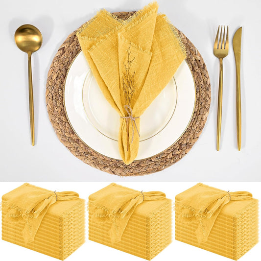 36 Pack Yellow Handmade Cloth Napkins 12 x 12 Inch Cotton Linen Napkins with Fringe, Washable and Reusable Napkins, Soft Rustic Boho Fringe Cloth Napkins for Dinners,Parties, Wedding