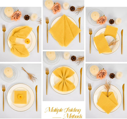 36 Pack Yellow Handmade Cloth Napkins 12 x 12 Inch Cotton Linen Napkins with Fringe, Washable and Reusable Napkins, Soft Rustic Boho Fringe Cloth Napkins for Dinners,Parties, Wedding