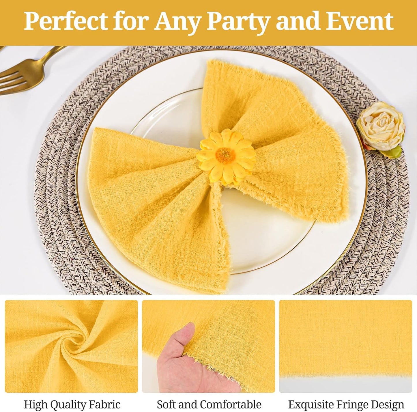 36 Pack Yellow Handmade Cloth Napkins 12 x 12 Inch Cotton Linen Napkins with Fringe, Washable and Reusable Napkins, Soft Rustic Boho Fringe Cloth Napkins for Dinners,Parties, Wedding