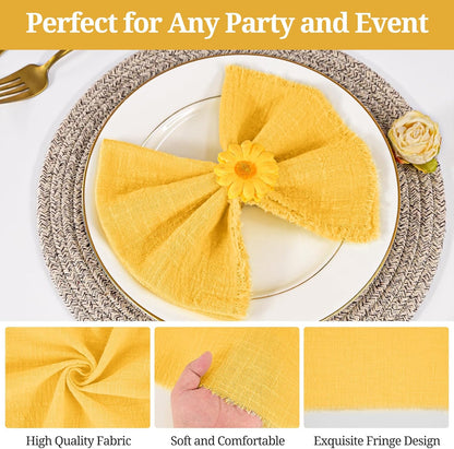 36 Pack Yellow Handmade Cloth Napkins 12 x 12 Inch Cotton Linen Napkins with Fringe, Washable and Reusable Napkins, Soft Rustic Boho Fringe Cloth Napkins for Dinners,Parties, Wedding