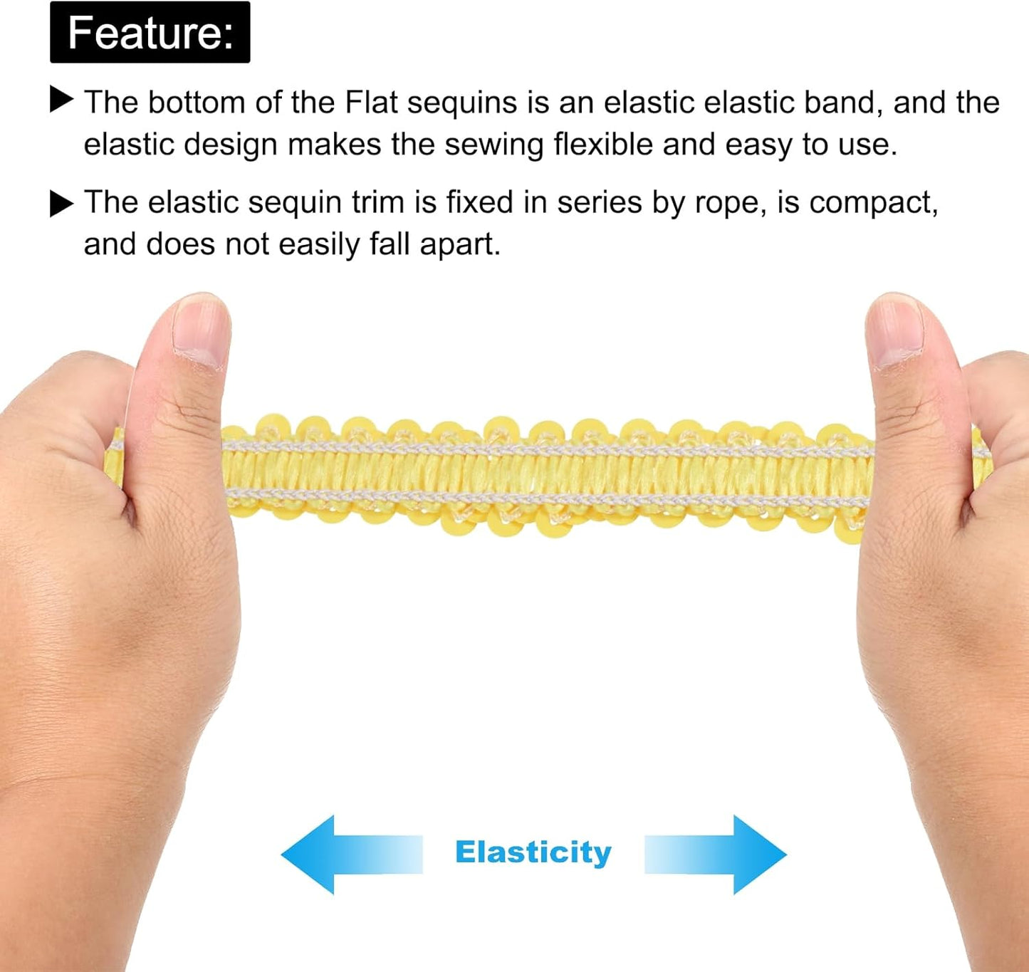 25 Yards 0.8 Inch Elastic Sequins Trim Flat Sequin Strip Paillette Fabric Ribbon for Crafts DIY Fringe Sewing Yellow