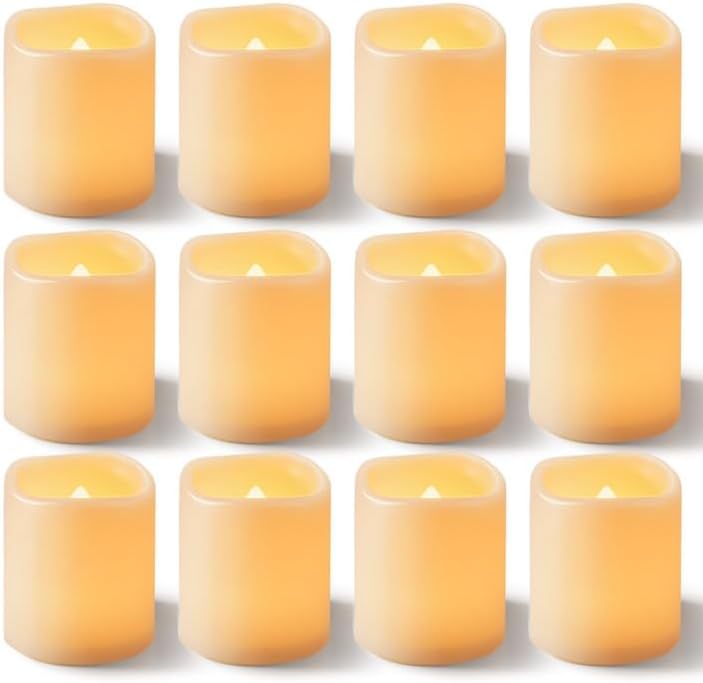24 Pack Ivory Flameless Flickering LED Votive Tealights Candles | Battery operated, 200+ hr runtime, amber yellow glow, ivory shell, 1.5"D, 1.6"H for wedding, Halloween & Christmas decor