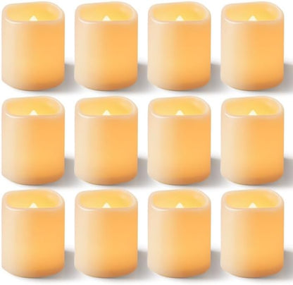24 Pack Ivory Flameless Flickering LED Votive Tealights Candles | Battery operated, 200+ hr runtime, amber yellow glow, ivory shell, 1.5"D, 1.6"H for wedding, Halloween & Christmas decor