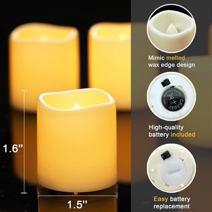 24 Pack Ivory Flameless Flickering LED Votive Tealights Candles | Battery operated, 200+ hr runtime, amber yellow glow, ivory shell, 1.5"D, 1.6"H for wedding, Halloween & Christmas decor