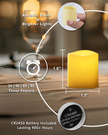 24 Pack Ivory Flameless Flickering LED Votive Tealights Candles | Battery operated, 200+ hr runtime, amber yellow glow, ivory shell, 1.5"D, 1.6"H for wedding, Halloween & Christmas decor