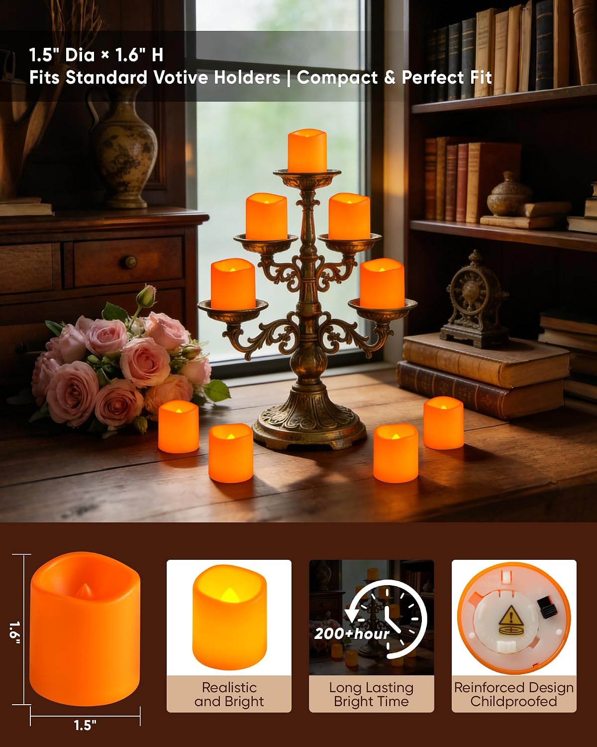 24 Pack Ivory Flameless Flickering LED Votive Tealights Candles | Battery operated, 200+ hr runtime, amber yellow glow, ivory shell, 1.5"D, 1.6"H for wedding, Halloween & Christmas decor