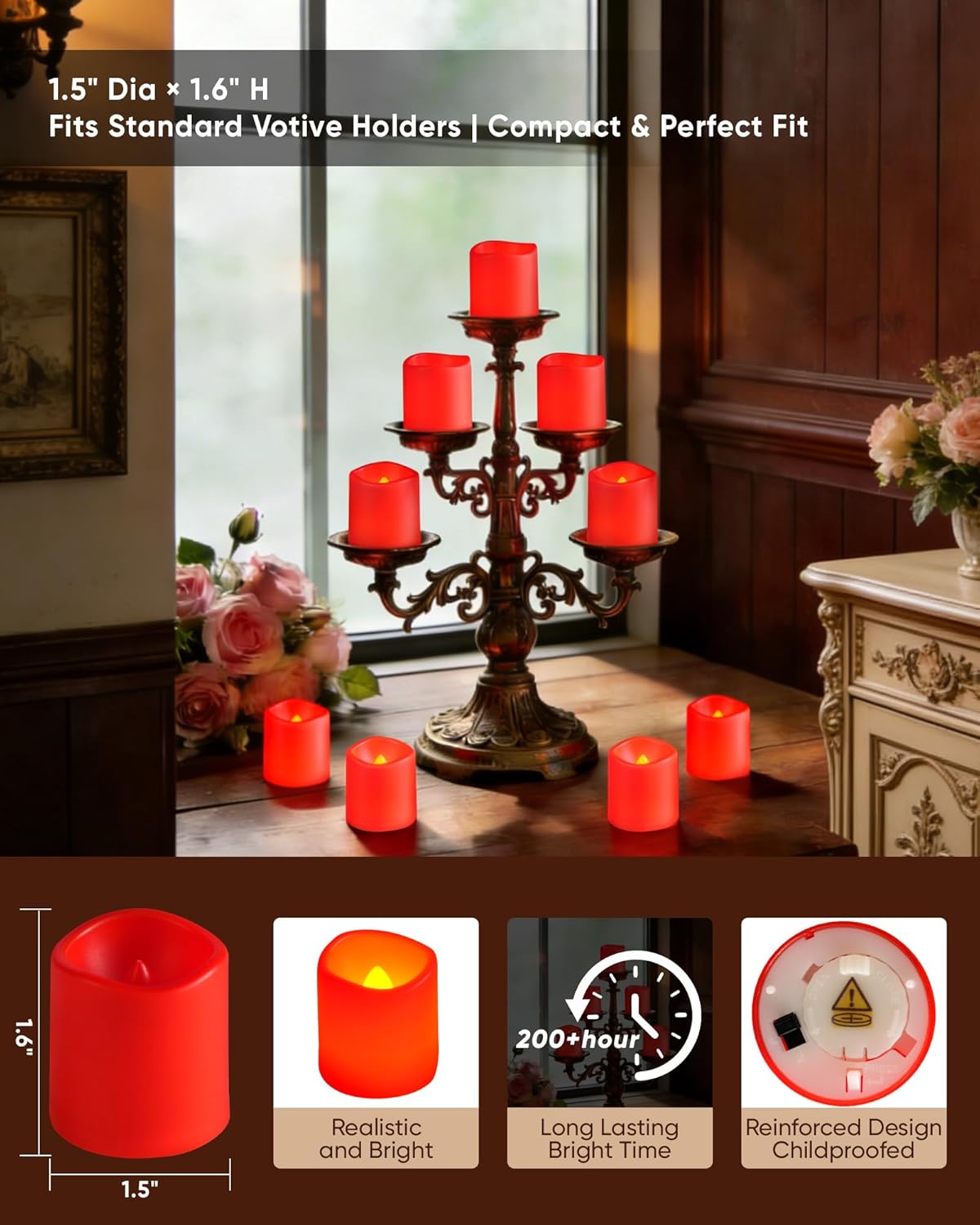 24 Pack Ivory Flameless Flickering LED Votive Tealights Candles | Battery operated, 200+ hr runtime, amber yellow glow, ivory shell, 1.5"D, 1.6"H for wedding, Halloween & Christmas decor